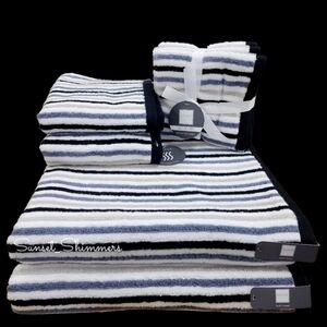 8pc Soho Living 2 Bath 2 Hand 4 Washcloth Towel Set Striped Black Blue Gray New